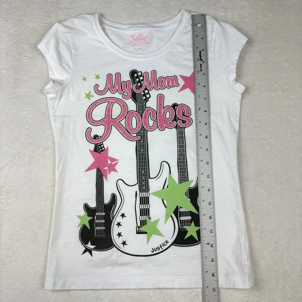 Vintage Y2K Justice Top Girls S 12 White My Mom Rocks Graphic Tee Guitar Stars